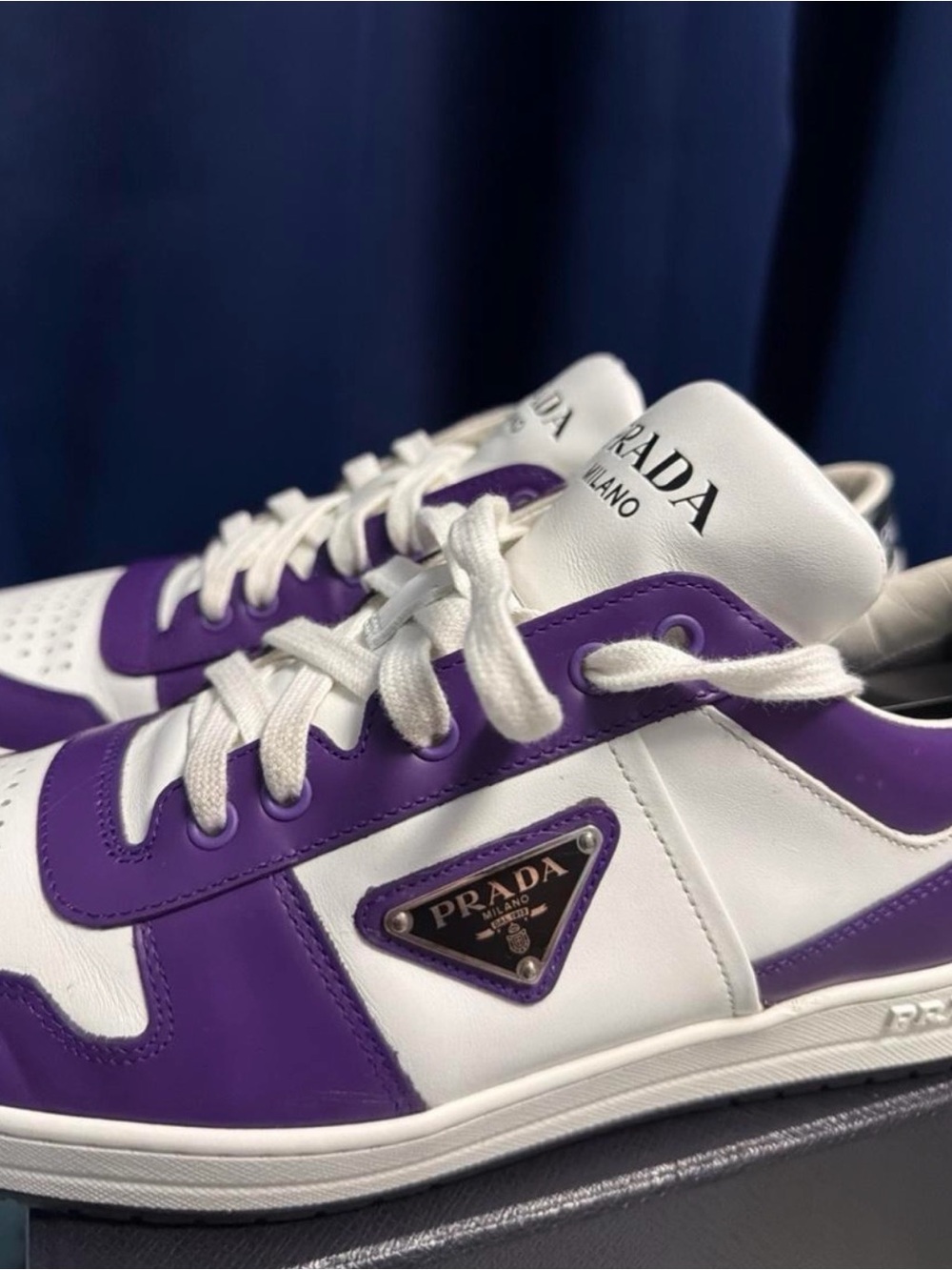 Prada White and Purple Leather Low-Top Sneakers